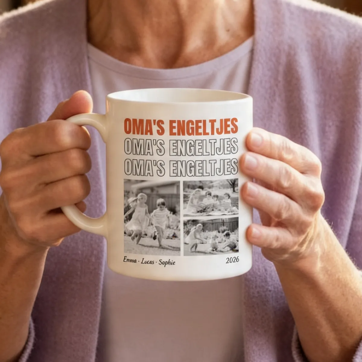 Mok met Zwart-Wit Foto's en Herhalende Tekst - 