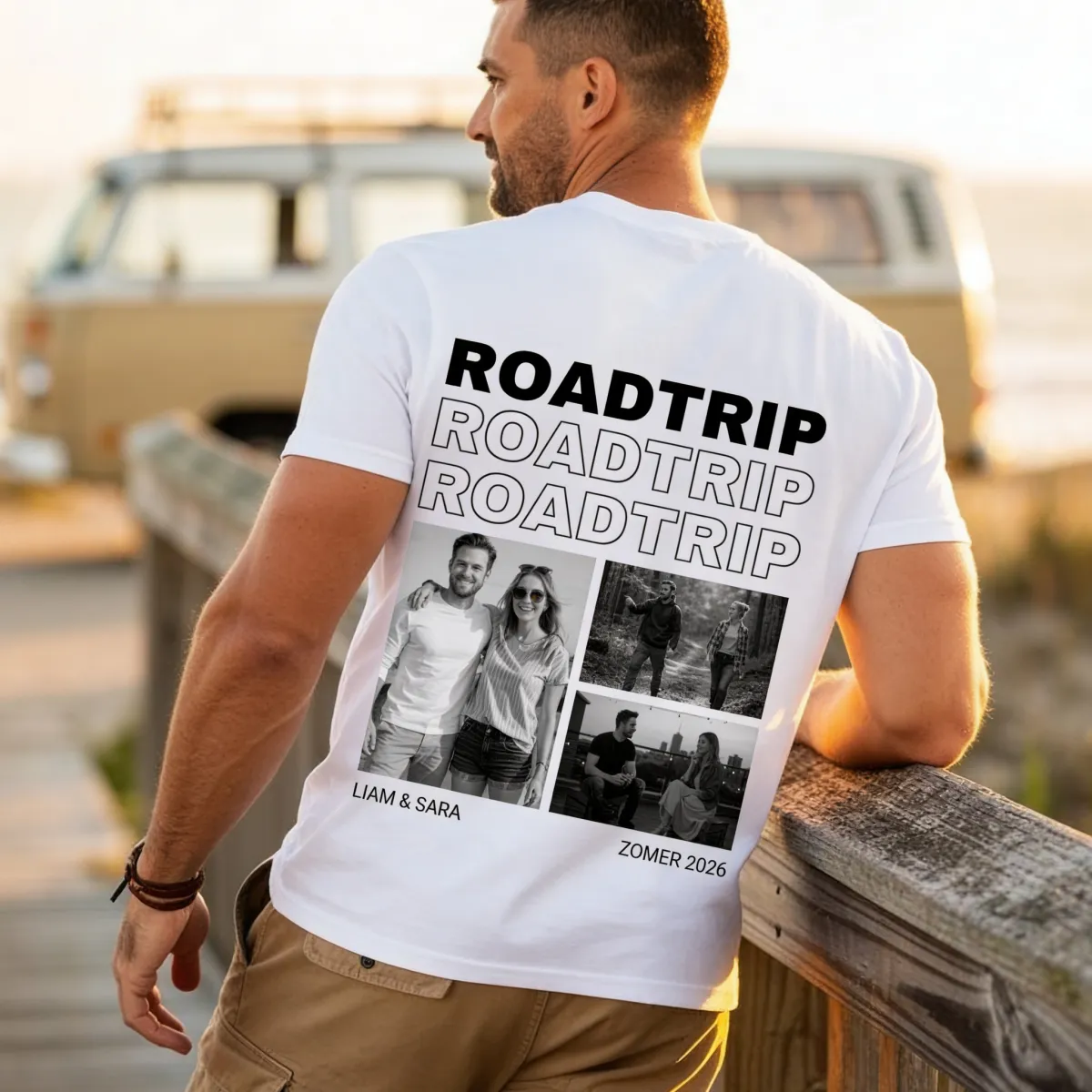 T-shirt met Zwart-Wit Foto's en Herhalende Tekst - 