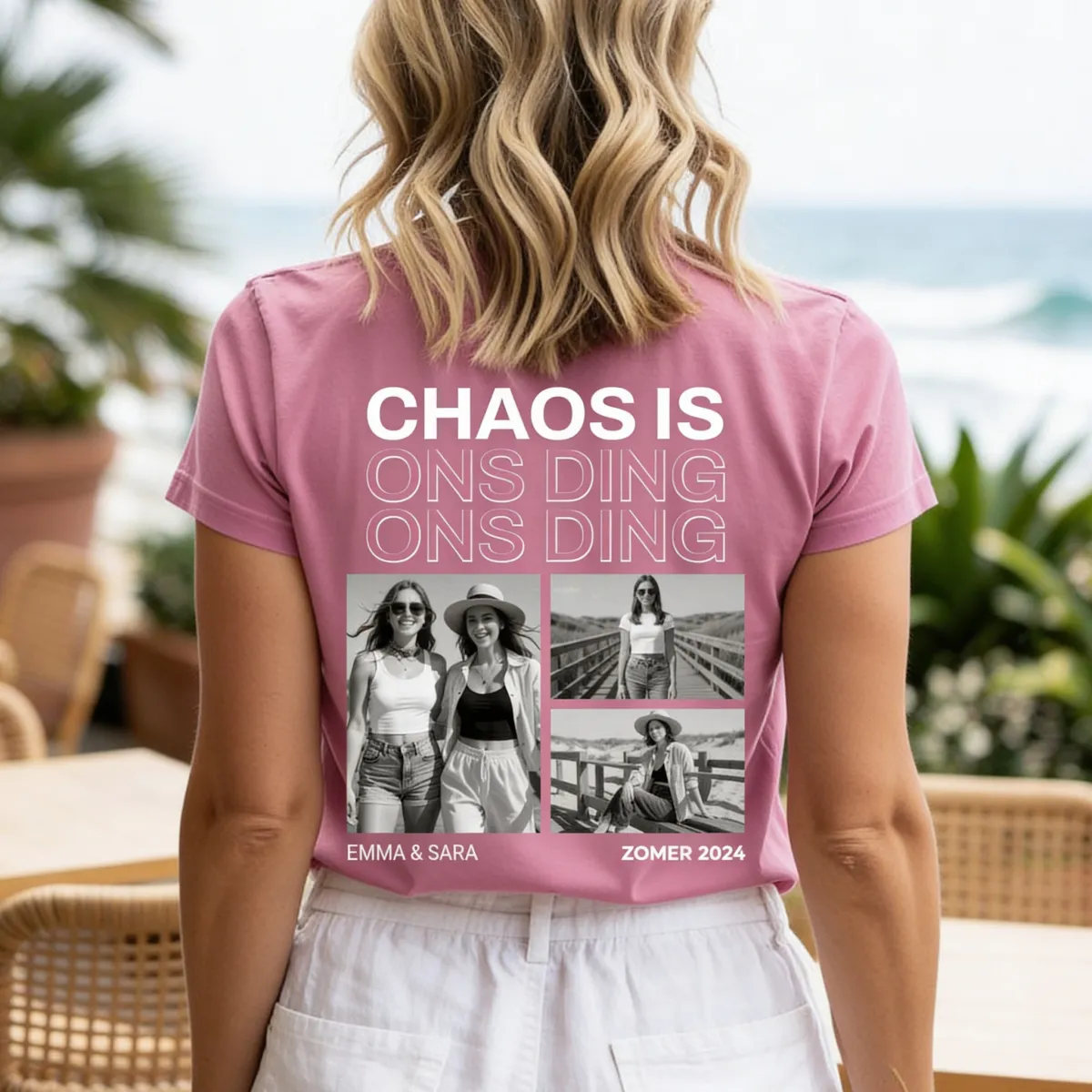 T-shirt met Zwart-Wit Foto's en Herhalende Tekst - 