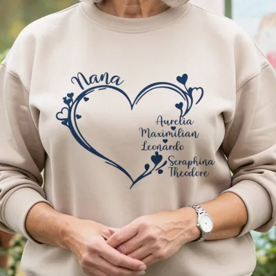 Hart T-shirt met Kindernamen - Oma met de namen van vijf kleinkinderen