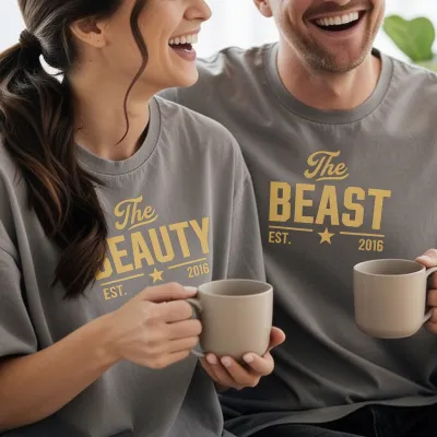 Tricouri Asortate pentru Cupluri - THE BEAUTY & THE BEAST — tricouri pereche efect spălăcit