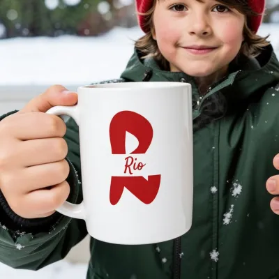 Monogram Mok met Naam - Sneeuwdag: de letter verschijnt in de warme chocomelk