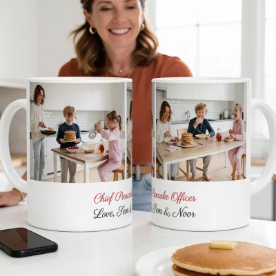 Kopp med Bildekollasj og Tekst - Pannekakemamma på morsdag