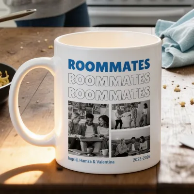 Taza con Fotos en Blanco y Negro y Texto Repetido - Para tus compañeros de piso de estudiantes