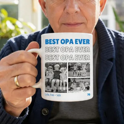 Mok met Zwart-Wit Foto's en Herhalende Tekst