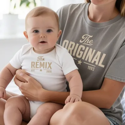 Matchende T-skjorter Forelder og Barn - THE ORIGINAL & THE REMIX — mamma og baby i matchende skjorte og body