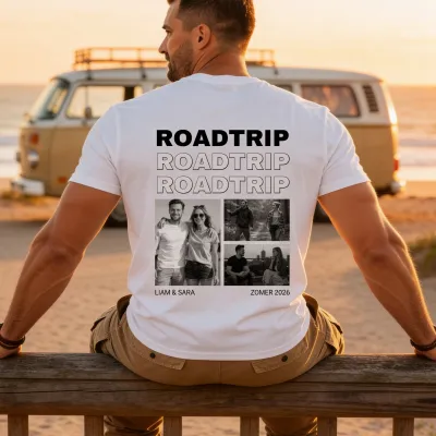 T-shirt met Zwart-Wit Foto's en Herhalende Tekst