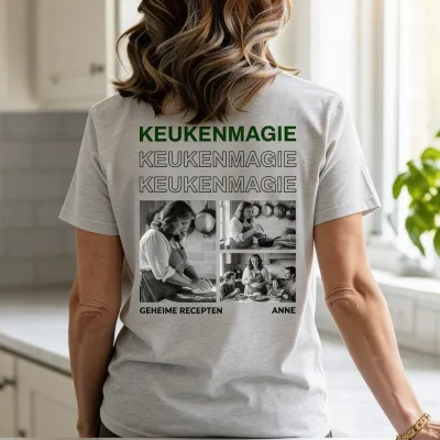 T-shirt met Zwart-Wit Foto's en Herhalende Tekst