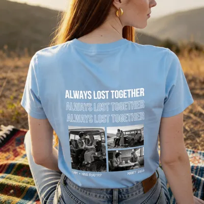 T-shirt met Zwart-Wit Foto's en Herhalende Tekst