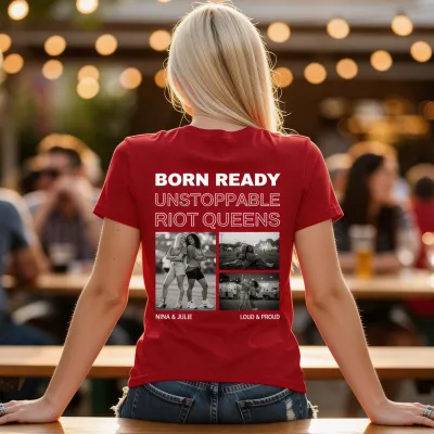 T-shirt met Zwart-Wit Foto's en Herhalende Tekst