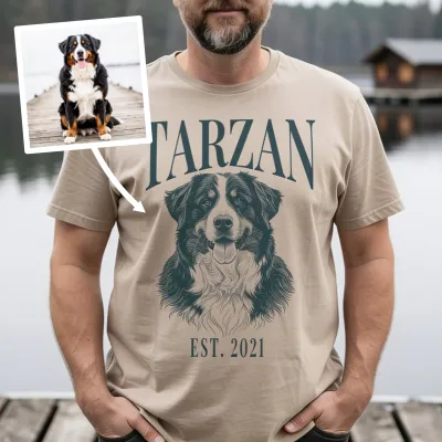 Pentekening van je Hond op T-shirt - Berner sennenhond bij het meer