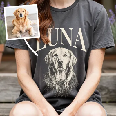 Pentekening van je Hond op T-shirt - Golden retriever op de veranda