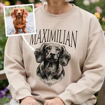 Pentekening van je Hond op T-shirt - Teckel in de tuin