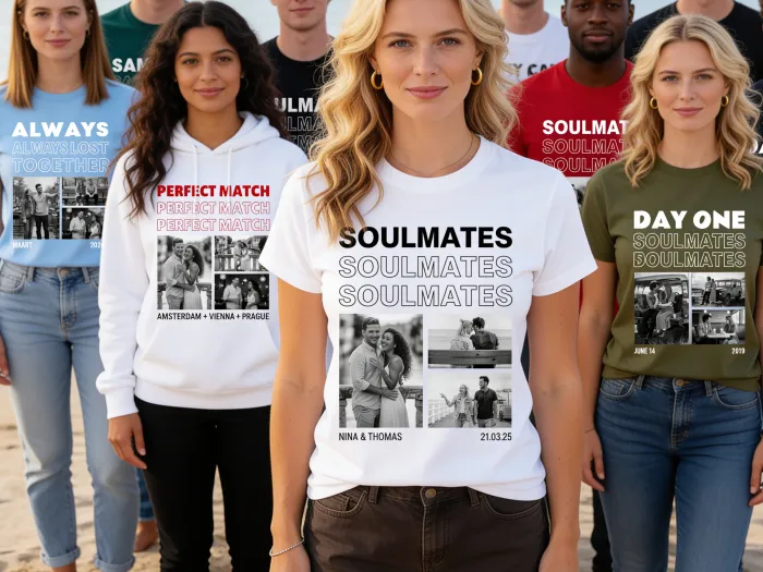 T-shirt met Zwart-Wit Foto's en Herhalende Tekst