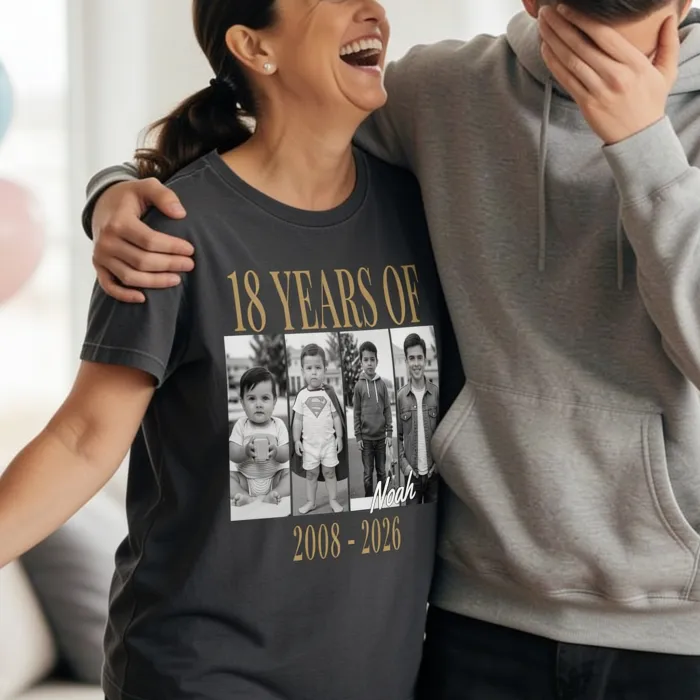 Photo Strip T-shirt with 4 Photos and Name - Achttien jaar Noah