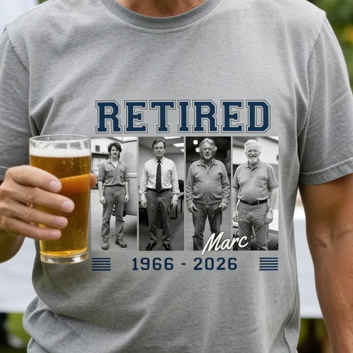 Photo Strip T-shirt with 4 Photos and Name - Marc gaat met pensioen