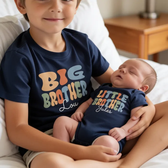 Groovy Boblebokstaver Retro T-skjorte med Egen Tekst - Grote broer met zijn kleine broertje