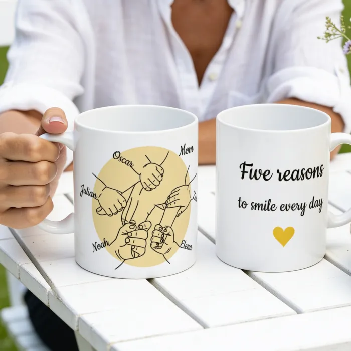 Mok met Namen en Kinderhandjes - Mom aan de tuintafel met haar vijf kinderen