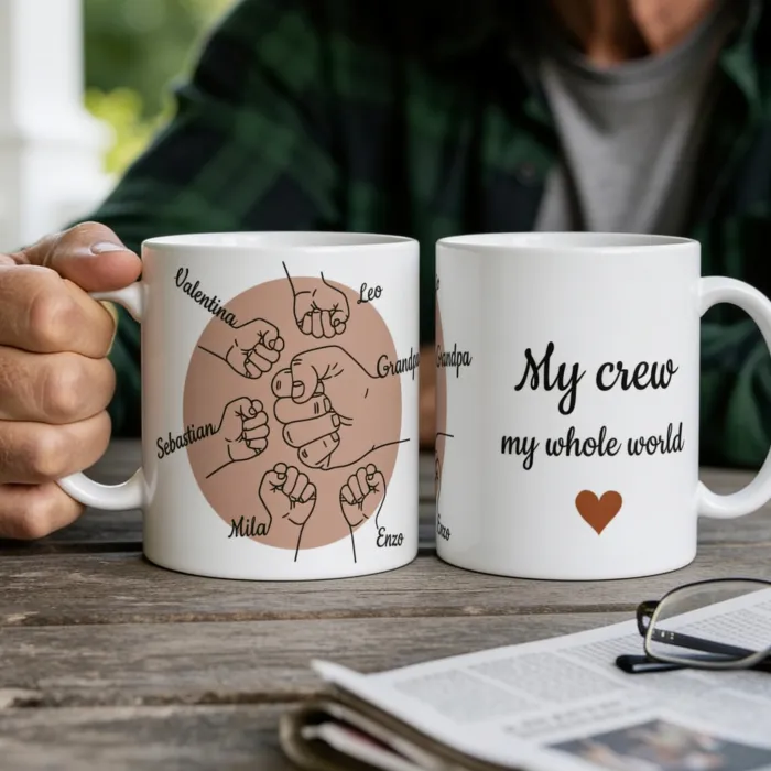 Mok met Namen en Kinderhandjes - Opa's koffie op de veranda met zijn vijf kleinkinderen
