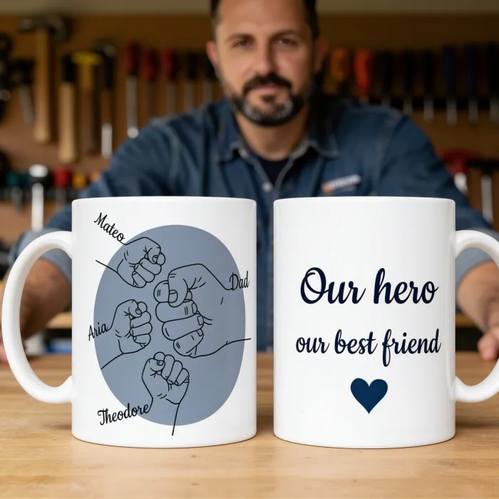 Kopp med navn og barnehender - Papa's koffie aan de werkbank