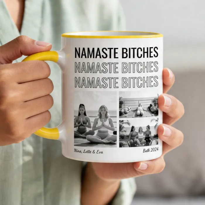 Mok met Zwart-Wit Foto's en Herhalende Tekst