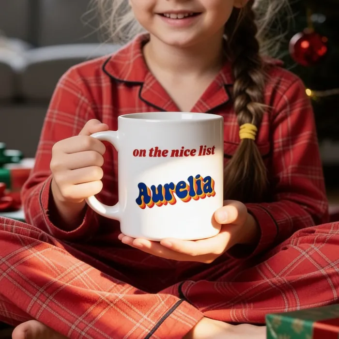 Mug Rétro avec Nom - Kerstochtend op de lijst van de Kerstman