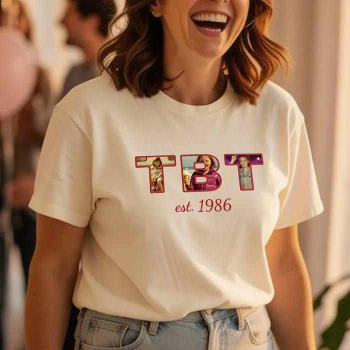 Personalized T-shirt with Photo in Letters - TBT — throwback naar de jaren tachtig