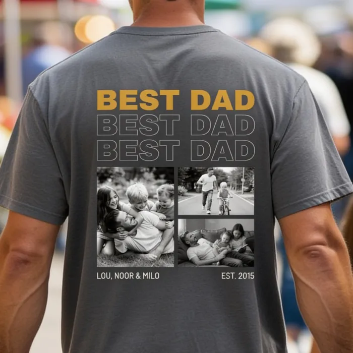 T-shirt met Zwart-Wit Foto's en Herhalende Tekst - BEST DAD EVER — papa met zijn drie kinderen