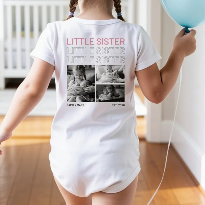 T-shirt avec Photos Noir et Blanc et Texte Répétitif - BIG SISTER — trotse grote zus van een nieuwe baby