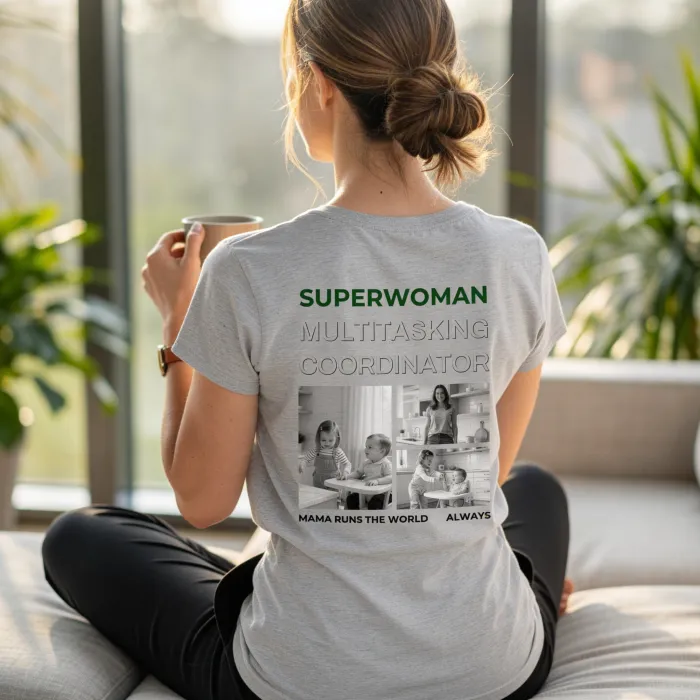 T-shirt met Zwart-Wit Foto's en Herhalende Tekst