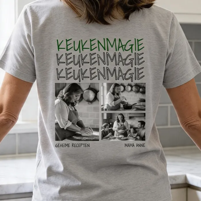 T-shirt met Zwart-Wit Foto's en Herhalende Tekst
