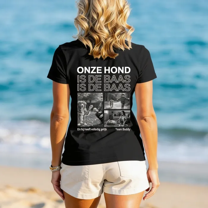 T-shirt met Zwart-Wit Foto's en Herhalende Tekst