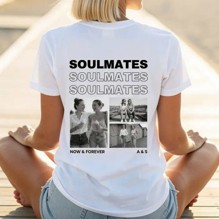 T-shirt met Zwart-Wit Foto's en Herhalende Tekst