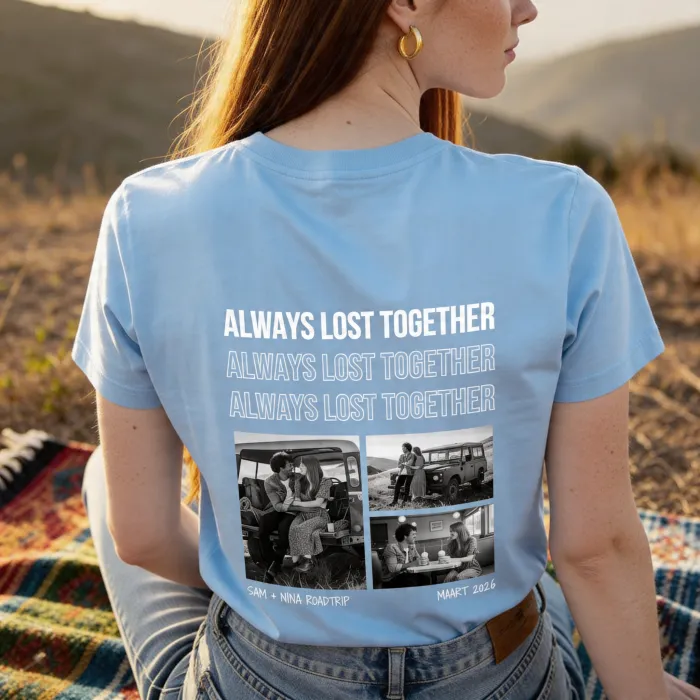 T-shirt met Zwart-Wit Foto's en Herhalende Tekst