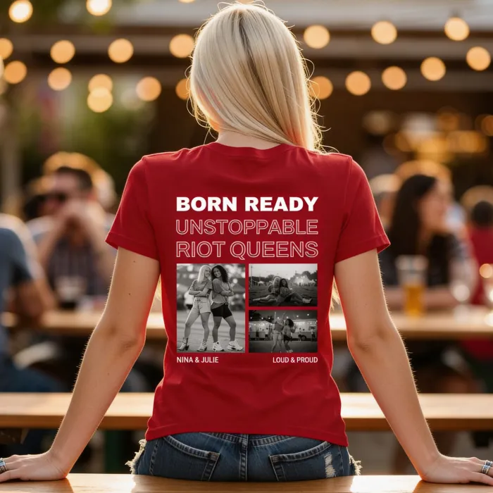 T-shirt met Zwart-Wit Foto's en Herhalende Tekst