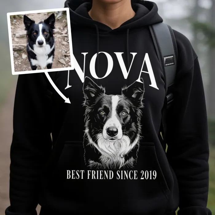 Dessin à la plume de votre chien sur un T-shirt - Border collie op wandeltocht
