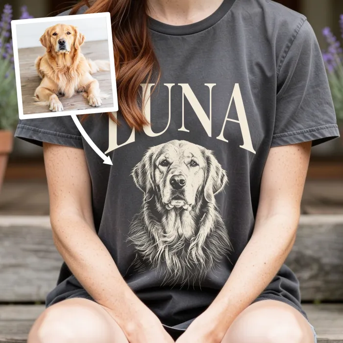 Dessin à la plume de votre chien sur un T-shirt - Golden retriever op de veranda