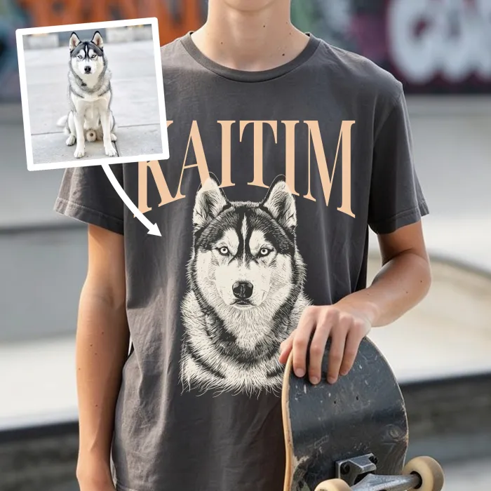 Getekend Portret van je Hond op T-shirt - Husky in het skatepark
