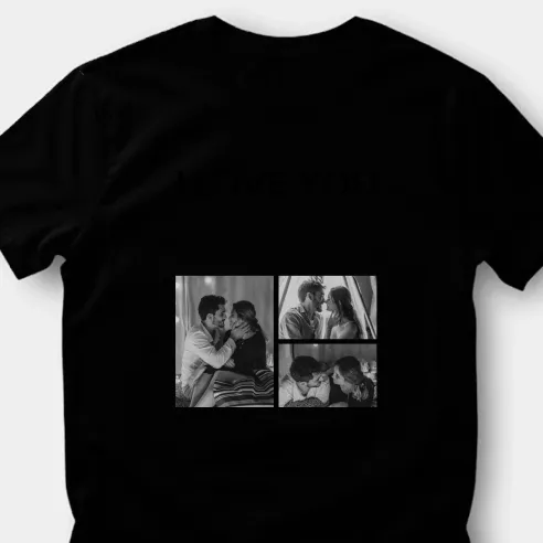 T-shirt met Zwart-Wit Foto's en Herhalende Tekst