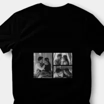 T-shirt met Zwart-Wit Foto's en Herhalende Tekst